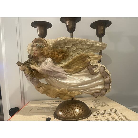 VTG Candleholder Candelabra Candle Holder Resin Harp Cherub Angel Flight Bronze - Picture 6 of 9